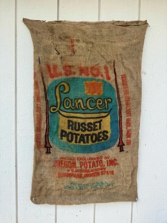 Vintage Lancer Russet Potato Burlap Sack – Colorful Farm Print | Rustic Decor