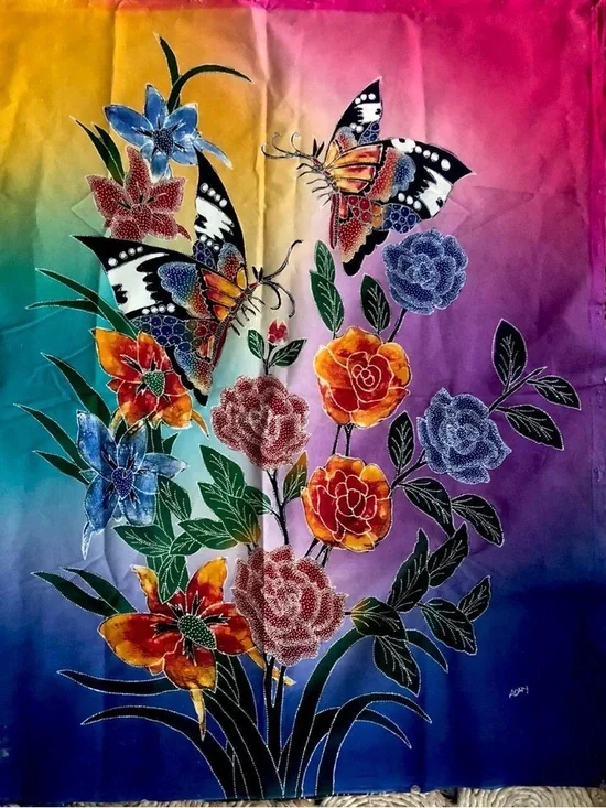 Vintage 1980s Batik Tapestry of Butterflies.