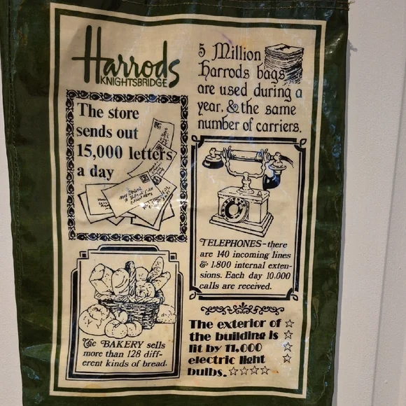 Harrods Vintage Green and Cream Illustrated Promotional Coated Canvas Tote Bag