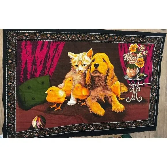 Vintage Tapestry Wall Hanging Cotton Cat Dog Chick Made In Turkey 52.5x34.5