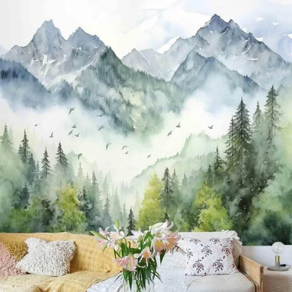New Green Mountain Forest Nature Tapestry Wall Decor for Home or Room, 51x60In
