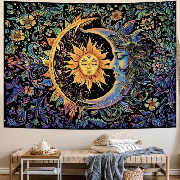 New Wall Hanging Boho Floral Sun and Moon Psychedelic Tapestry for Home Decor