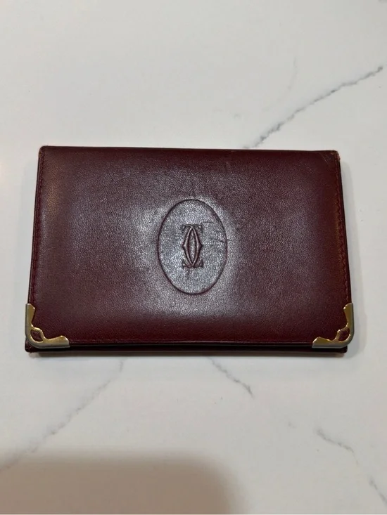 Authentic Cartier Leather Card Holder - Burgundy with Gold Corners