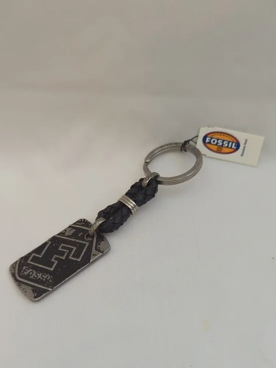 Fossil Men's Black Braided Leather Keychain with Metal Tag