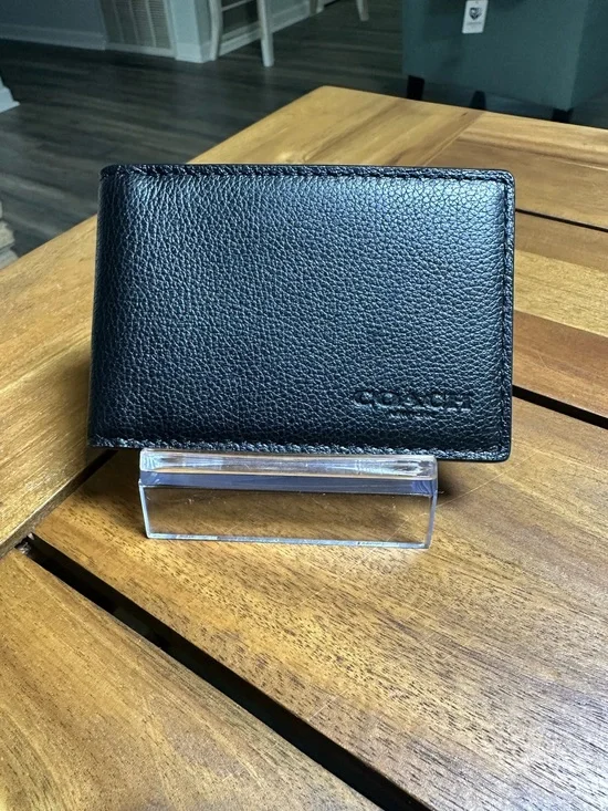 Coach Black Pebbled Leather Card Holder Wallet
