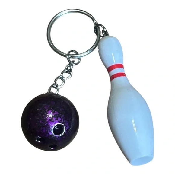 Bowling Ball and Pin Keychain Purple Sparkle Fun Novelty Accessory‎