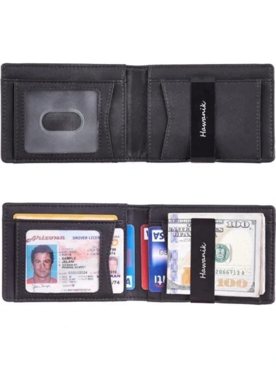 Black Leather Money Clip Card Holder for Men