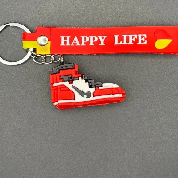 Red White‎ Black High Top Sneaker Keychain Happy Life Rubber Strap Bag Charm