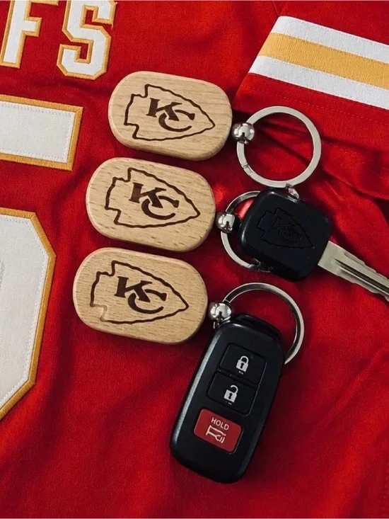 Set of 3 Kansas City Themed Engraved Wood Keychain - Natural Wood