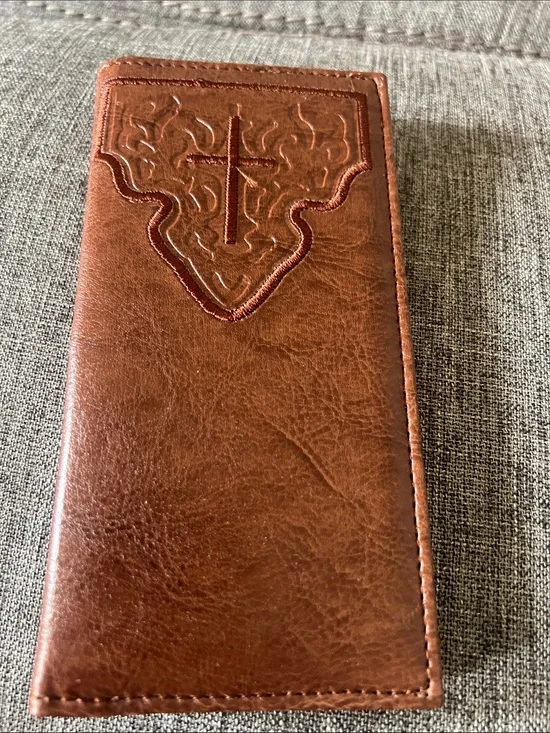 Brown Leatherette Men's Checkbook Wallet with Cross Embossing