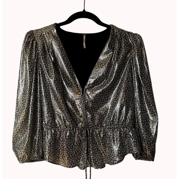 Free People XS Talk‎ That Talk Metallic Silver Floral Puff Sleeve Ruffle Top