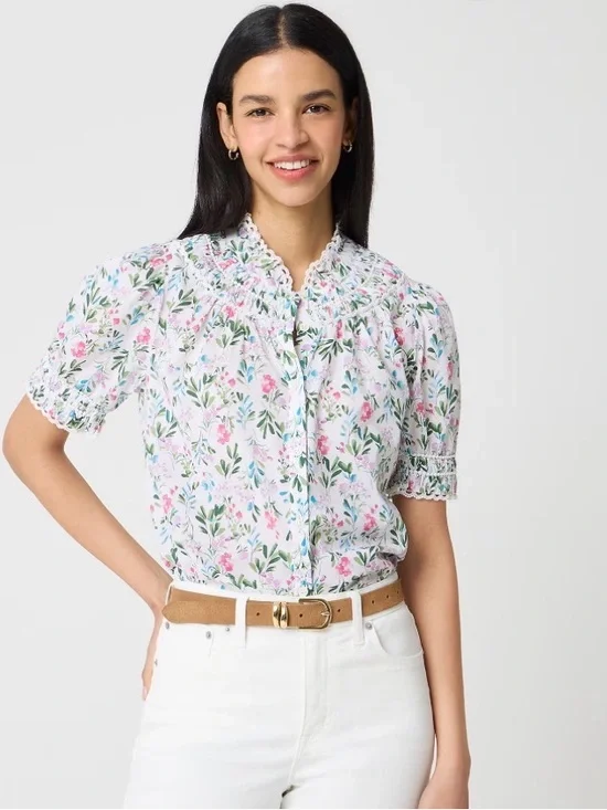 J. Crew White Floral Smocked Yoke Puff Sleeve Blouse