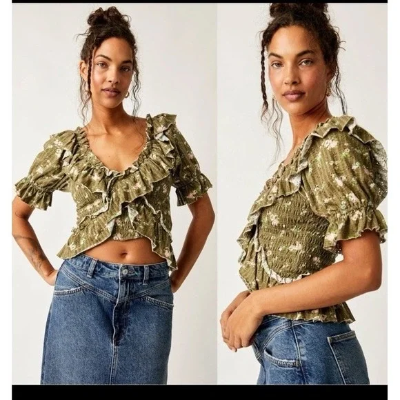 Free People Dainty Ruffle Floral Prairie Favorite Girl Top Army Combo Small