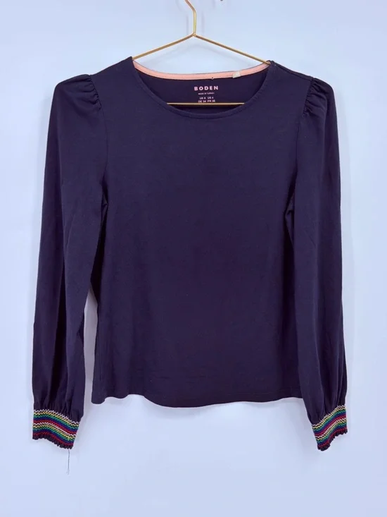 Boden Navy Long Sleeve Top Puff Shoulder Rainbow Cuff Cotton Modal Size US 4