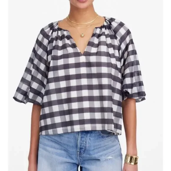 NWT Madewell Bubble-Sleeve Top True‎ Black Gingham Plaid Short Sleeve Size 2