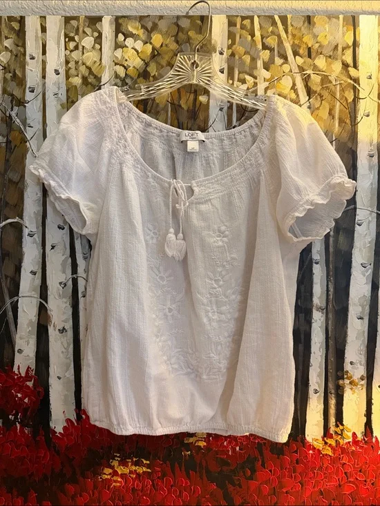 LOFT White Embroidered Peasant Top with Tassel Tie