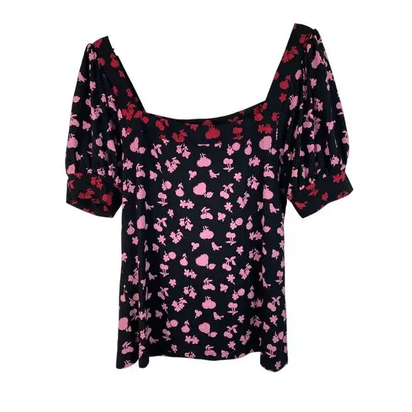 Boden Women's Size 8 Black‎ Red Pink Puff Sleeve Square Neck Top *