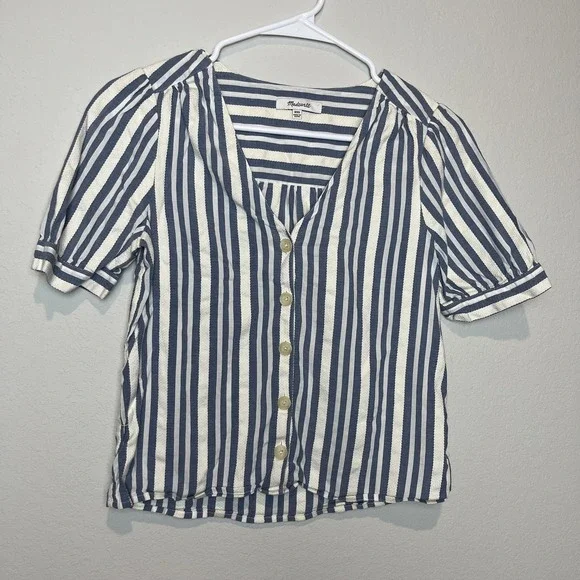Madewell Blouse Womens XXS Blue Stripe V Neck Button Short Puff Sleeve Top
