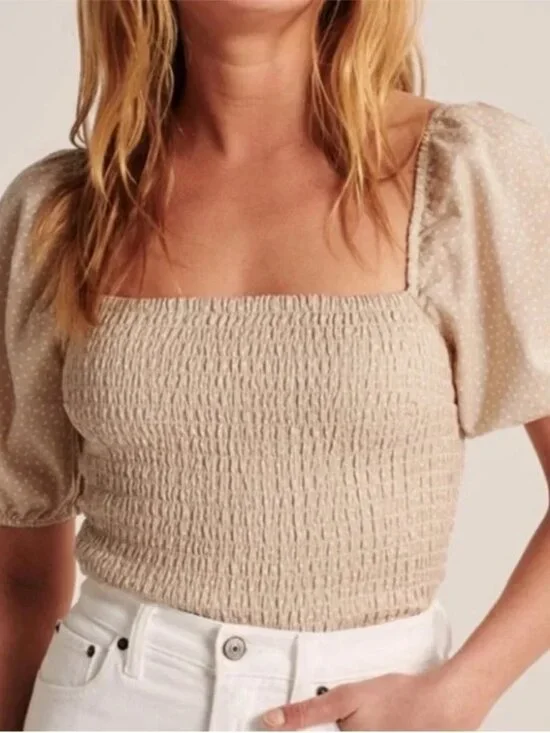 Abercrombie & Fitch Tan Cream Dot Print Smocked Puff Sleeve‎ Top
