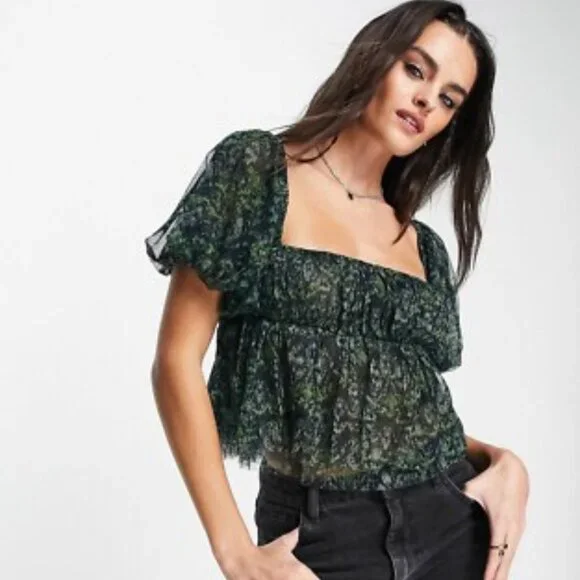 Free People Penelope Tulle Puff Sleeve Feminine Floral Print Top Women's size L