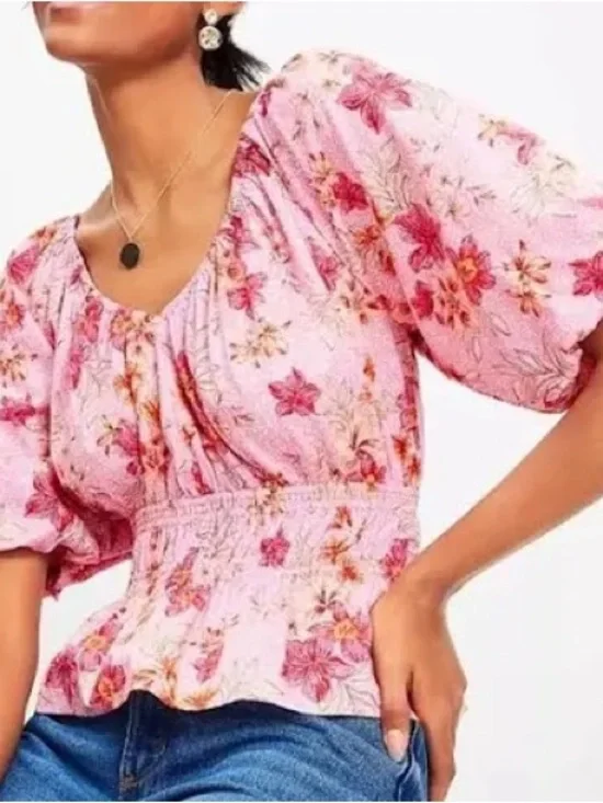 Loft Floral Pink Puff-Sleeve Smocked Waist Top