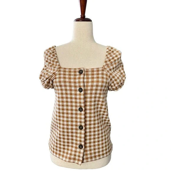Madewell Gingham Jacquard Square-Neck Puff-Sleeve Top XXS