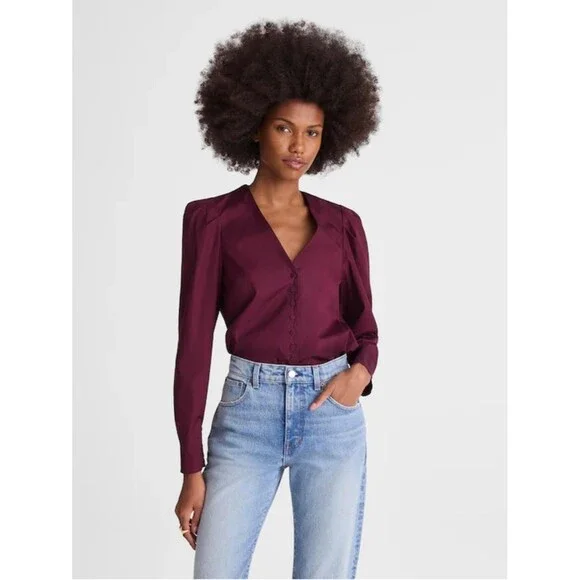 Madewell V-Neck Button-Front Top XS Dark Pomegranate Long Sleeve Workwear