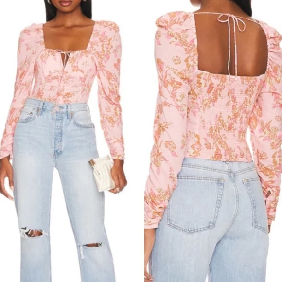 Free People Hilary Pink Floral Blouse Size S Boho Cottagecore Romantic