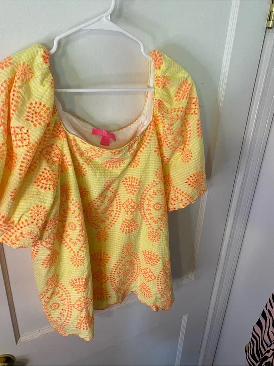 Lilly Pulitzer Yellow and Orange Printed Puff-Sleeve Blouse