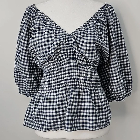 Old Navy Black & White Empire Smocked Waist‎ Puff Sleeves Checkered Blouse