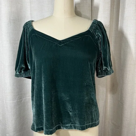 NEW! Loft By Ann Taylor‎ Green Velvet Puff Short Sleeve Blouse Size Small