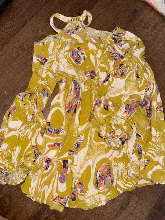 Free People Marigold Swirl Print Puff Sleeve Blouse