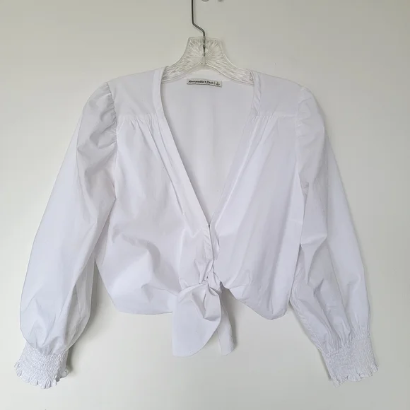 Abercrombie & Fitch White Tie-Front Puff Sleeve Blouse