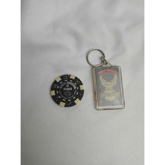 Harley-Davidson Atlanta Poker Chip and Vintage Cigarettes Acrylic Keychain Lot