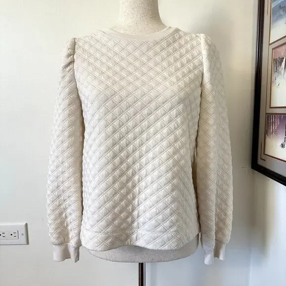 LOFT Quilted Puff Sleeve Top Blouse Long Sleeve Petite S Ivory White Minimalist‎