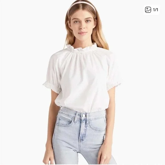 Hill House The Kit Top Puff Sleeve Ruffle Neck Blouse‎ Cotton White XS