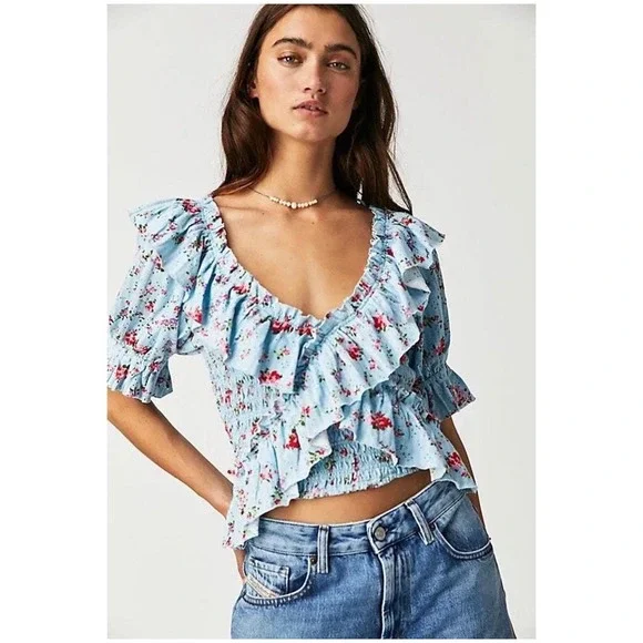 Free People Favorite Girl Floral Ruffle Smocked Top Blue Pink Cotton Size M