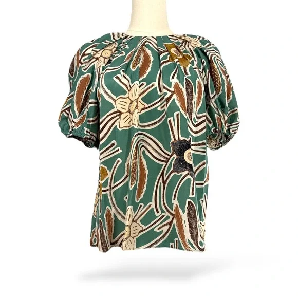 Ulla Johnson Jamilah Puff Short Sleeve‎ Silk Blouse Topaz-Navy-Tan Sz 2  EUC