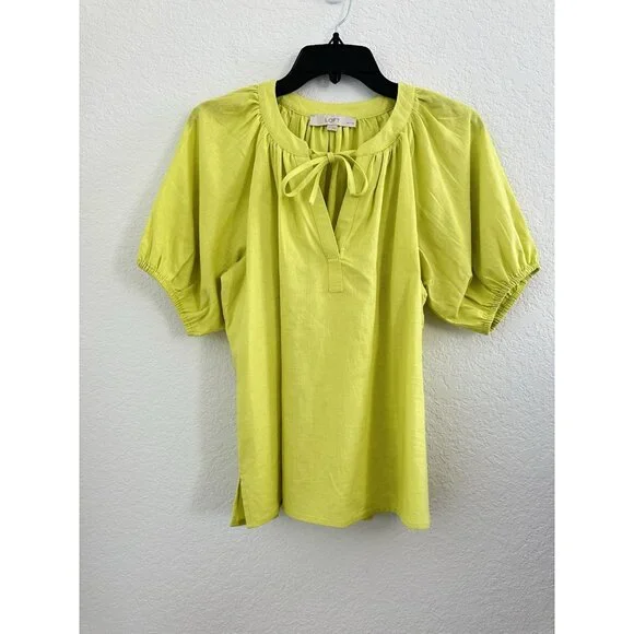 LOFT Womens Top Petite MP Neon Grn Linen Blend Tie Neck Puff Sleeve Peasant Boho