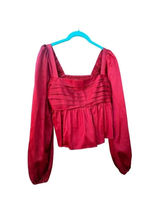 Abercrombie & Fitch, Emerson baby doll shinyred satin long sleeve top small