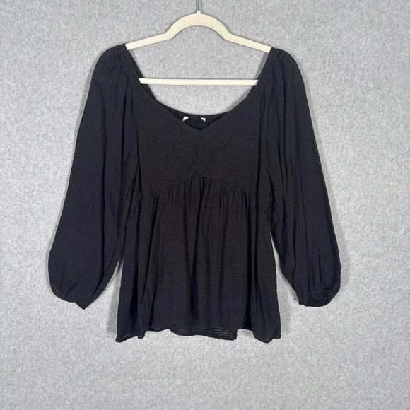 Loft Babydoll Smocked Blouse Medium‎ Puff Peplum Crinkle Peasant Milkmaid Fairy