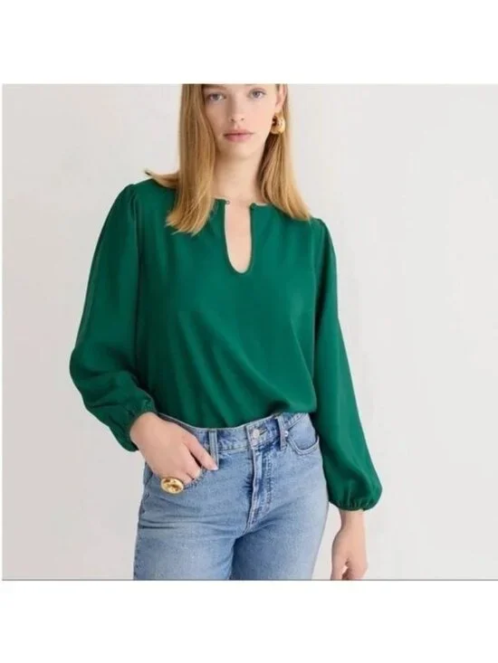 J. Crew Puff-Sleeve Satin Back Crepe Top in Green, Size Medium Tall, TM NEW