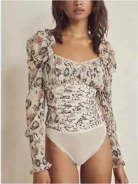 Free People Cream Floral Square-Neck Ruched Long Sleeve Top
