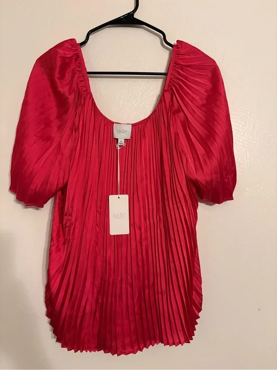 Jade JOHNNY WAS Women's Red Pleated Puff-Sleeve Top