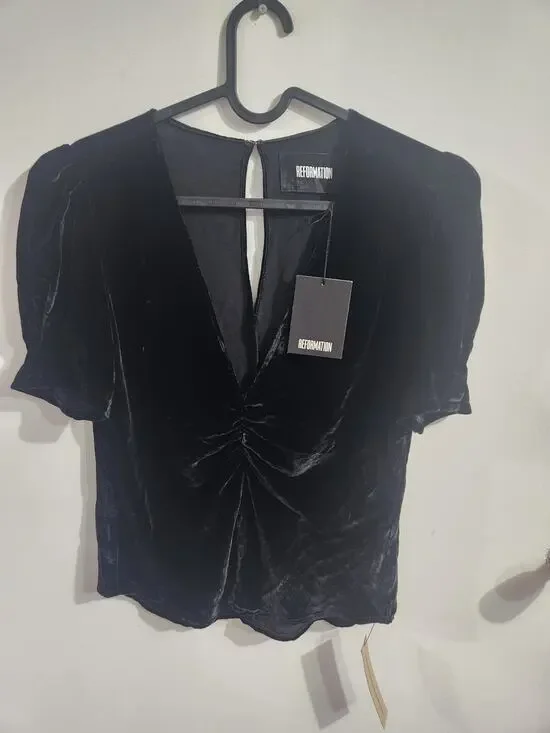 Reformation black velvet puff short sleeve v neck blouse S NwT