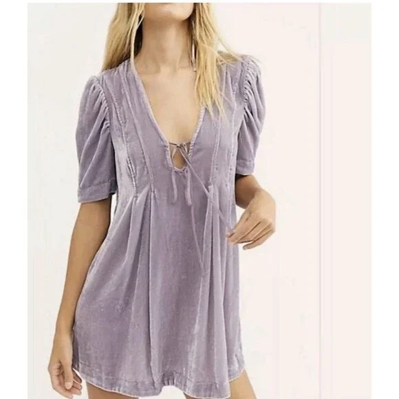 Free People Adelle Velvet Boho Tunic Top Violet Medium