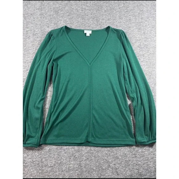 J. Crew Womens XS Green Ribbed V-Neck Puff Sleeve Long Sleeve Top Blouse