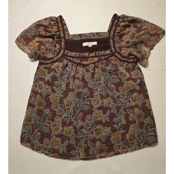 LOFT Women's M Burgundy Multicolor Floral Square Neck Smocked Puff Sleeve Blouse