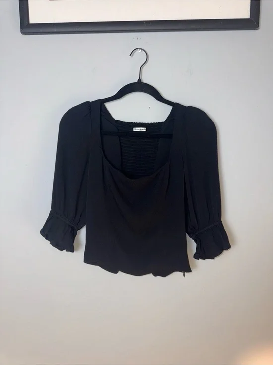 Reformation Black Square-Neck Puff Sleeve Blouse