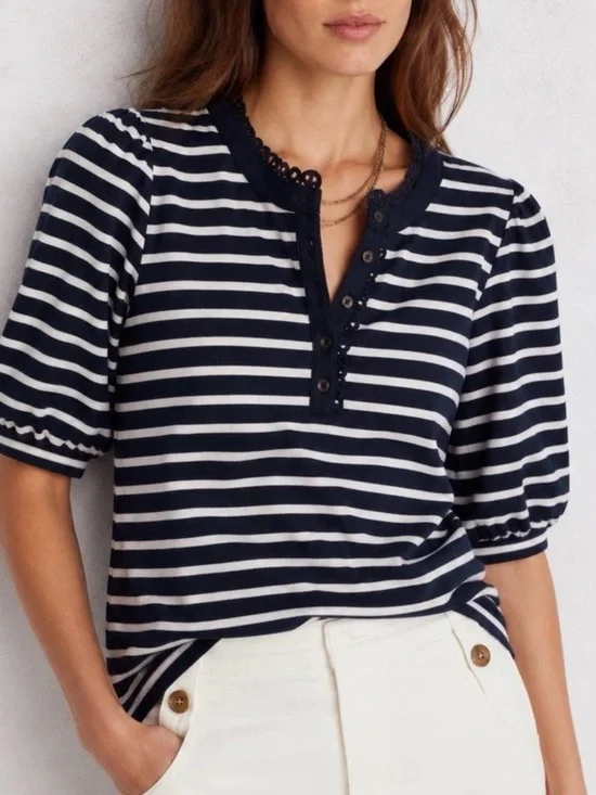 Boden Puff Sleeve Henley Top Preppy Nautical Stripe